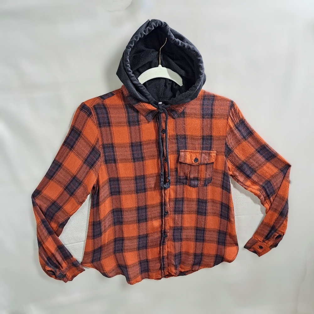 NOBO Vtg Y2K Women Med Pumpkin Plaid Hoodie Long Sleeve Button Front Fall Shirt